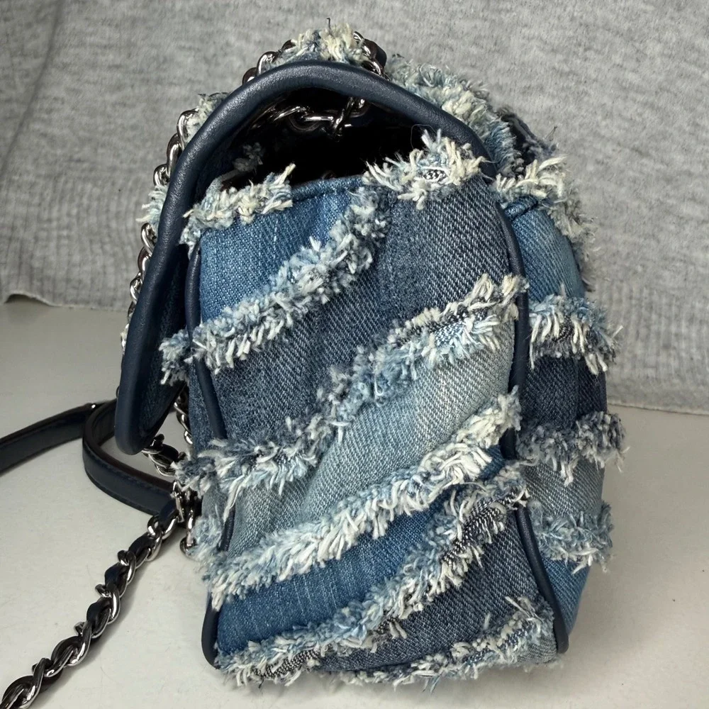 Michael Kors Sloan Large Denim Patchwork Frayed Chevron Shoulder Bag Blue Silver - Picture 4 of 15